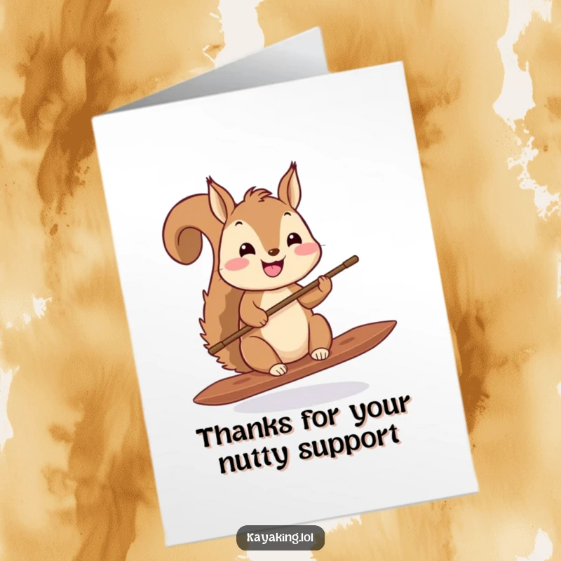 Funny free printable thank you card featuring a happy squirrel balancing a tiny paddle, expressing thanks with charm.