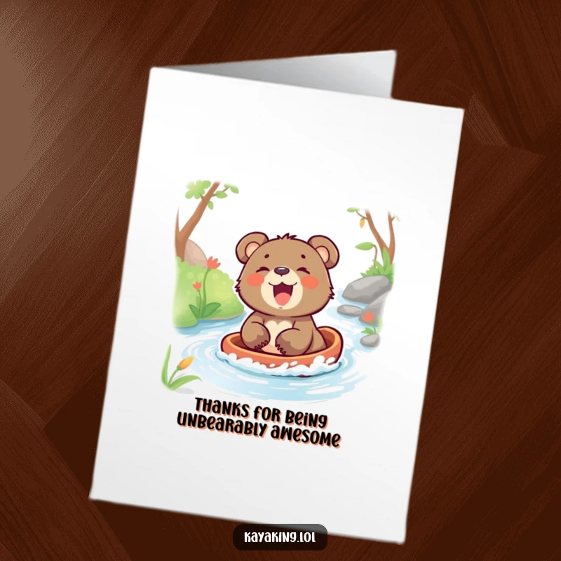 Funny Free Printable Thank You Card with a joyful bear cub laughing while gliding down a stream, a unique way to express thanks.