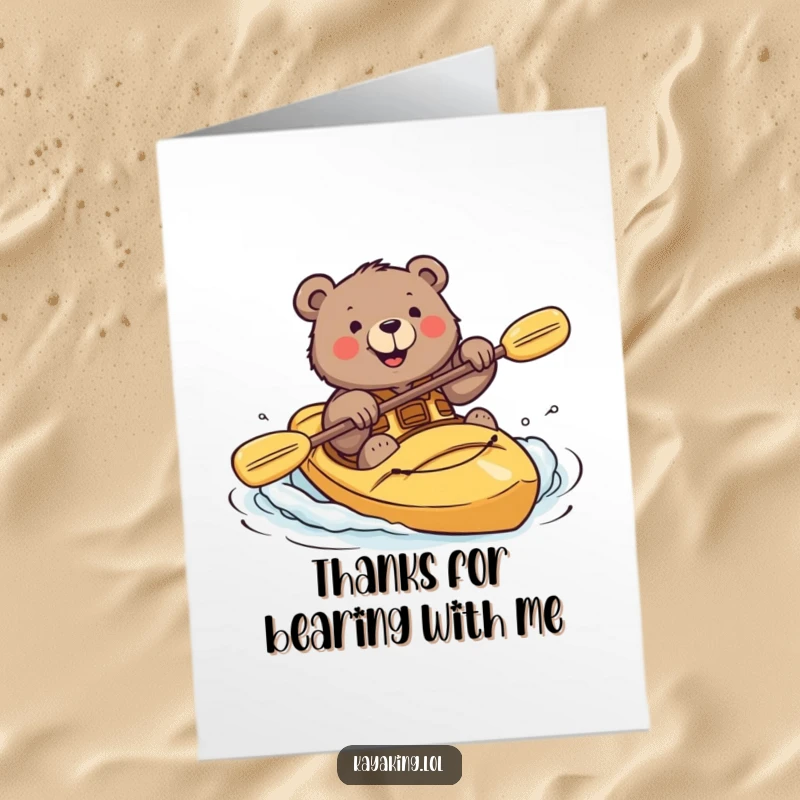 Funny Free Printable Thank You Card: Smiling bear attempting kayak roll, expressing thanks with bravery, downloadable art.