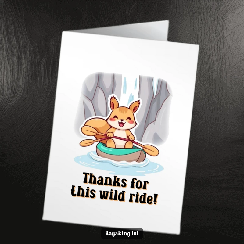 Funny Free Printable Thank You Card: A grateful squirrel paddles its kayak down a thrilling waterfall.