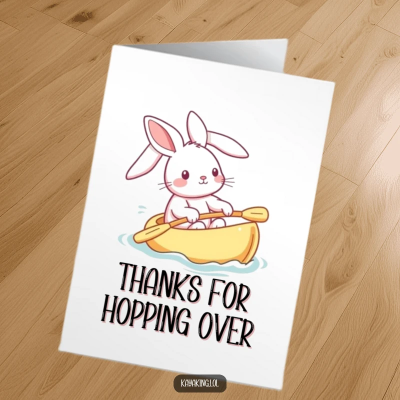 Funny Free Printable Thank You Card: A happy, playful bunny with ears streaming, steering a kayak.