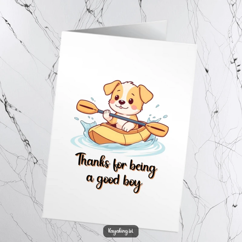 Funny Free Printable Thank You Card: Playful puppy splashing water from a kayak, expressing thanks, a water-loving downloadable greeting.