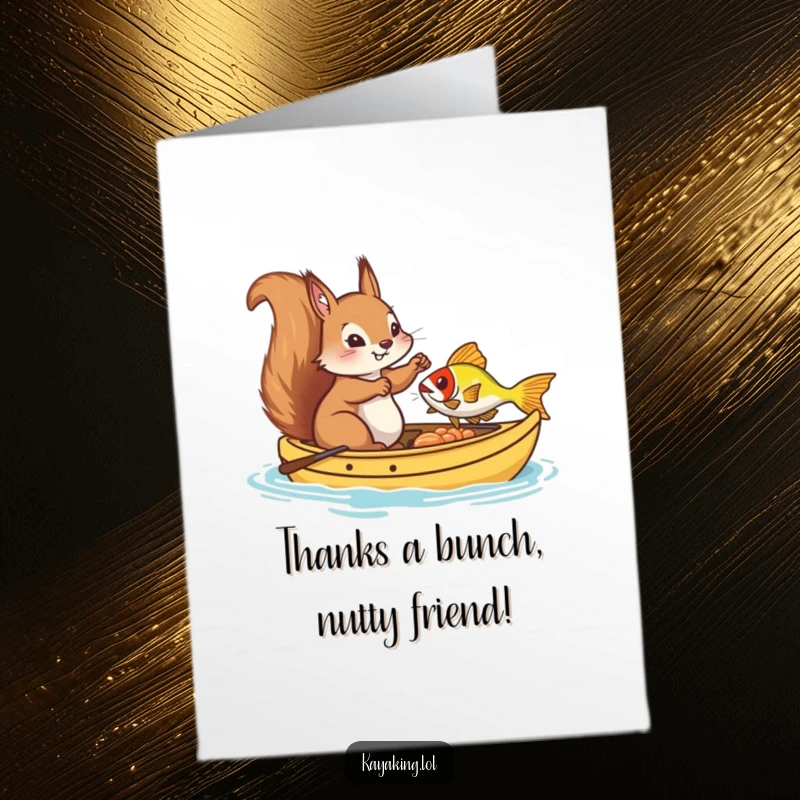 Funny Free Printable Thank You Card: Silly squirrel celebrates fishing success in a kayak, a unique way to say thanks.