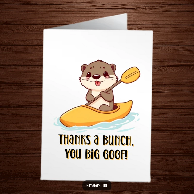 Funny free printable thank you card of a happy otter steering a kayak with a comically large paddle.