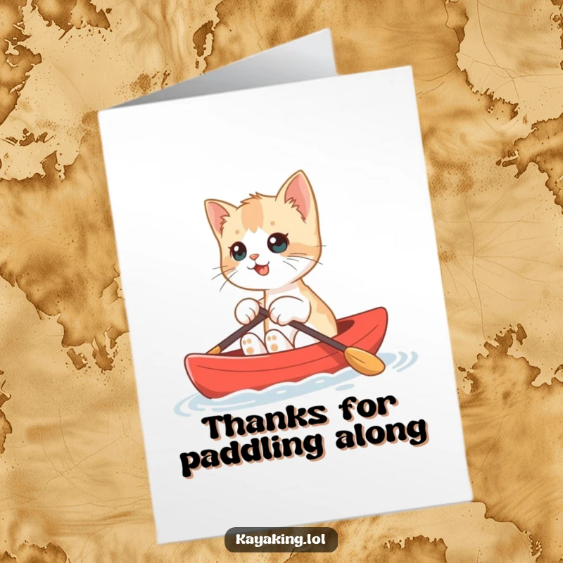 Funny Free Printable Thank You Card: A playful kitten in a red kayak, paddling enthusiastically to say thanks.