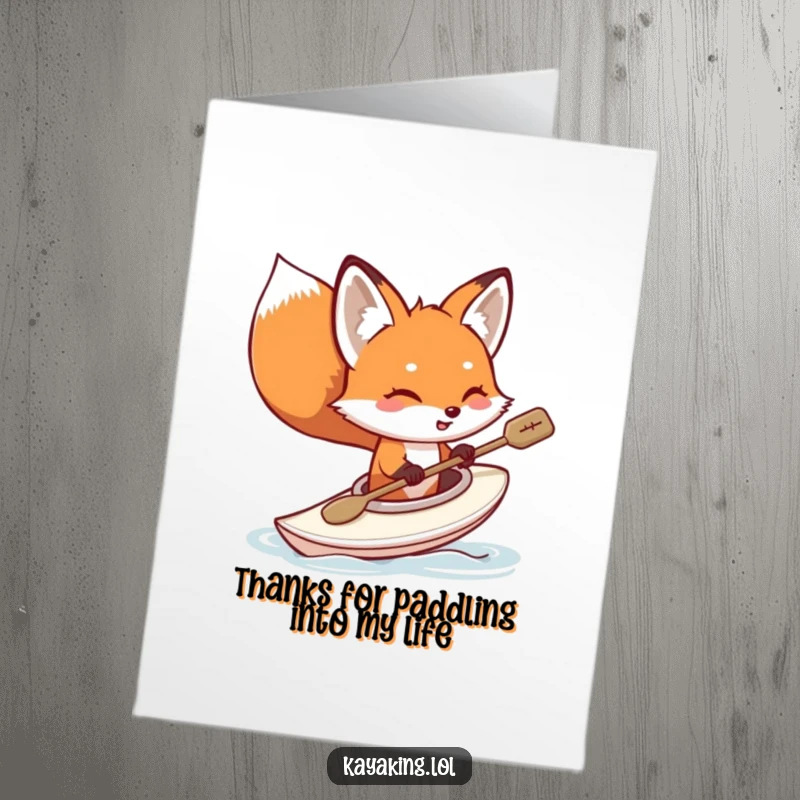 Funny free printable thank you card showing a playful fox in a kayak expressing gratitude with a humorous splash.