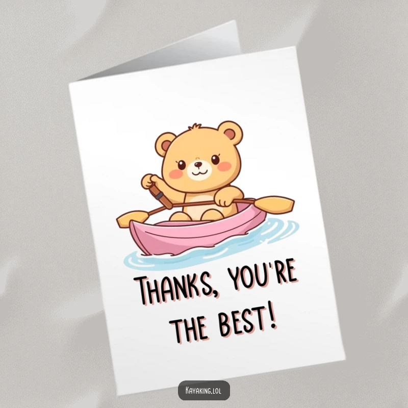Funny Free Printable Thank You Card: A smiling bear waves happily from its kayak, a friendly way to say thank you.