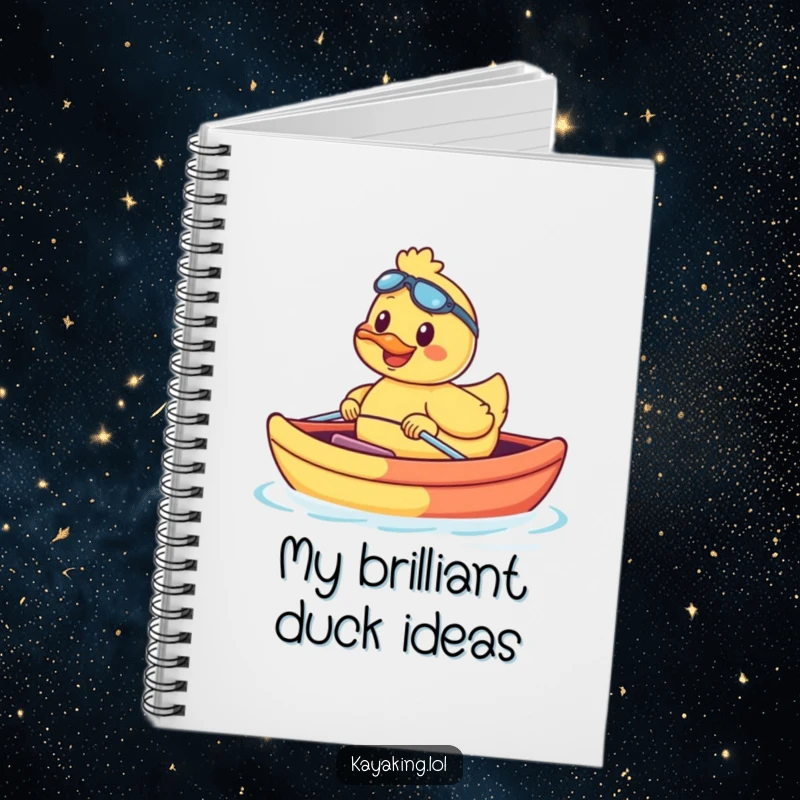 Funny duck with a wide grin paddling a bright kayak, featured on the cover of a notebook. A fun journal.