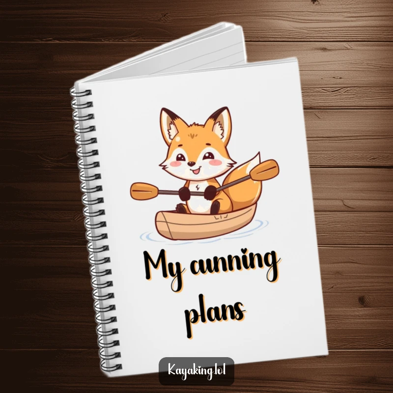 Funny grinning fox with sparkling eyes paddling a kayak, on a notebook cover, inspiring clever note-taking and outdoor dreams.