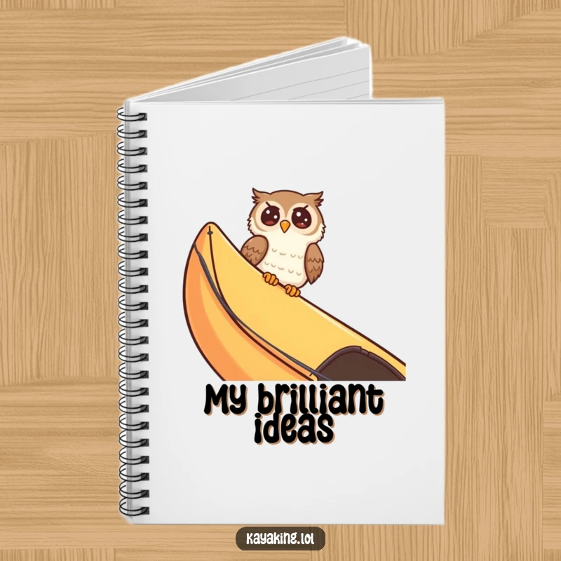 Funny giggling owl peeking over a kayak edge, inspiring creative thoughts and humorous notes. This notebook is for your brilliant ideas.