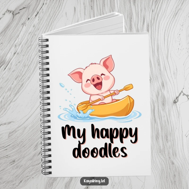 Funny giggling piglet splashing water from a kayak on a notebook, a joyful and humorous journal for everyday use.