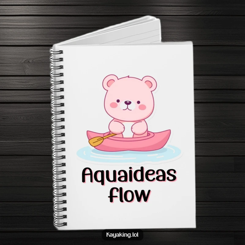 Funny pink bear kayak notebook cover featuring a bear floating serenely, perfect for recording peaceful thoughts and relaxing ideas.