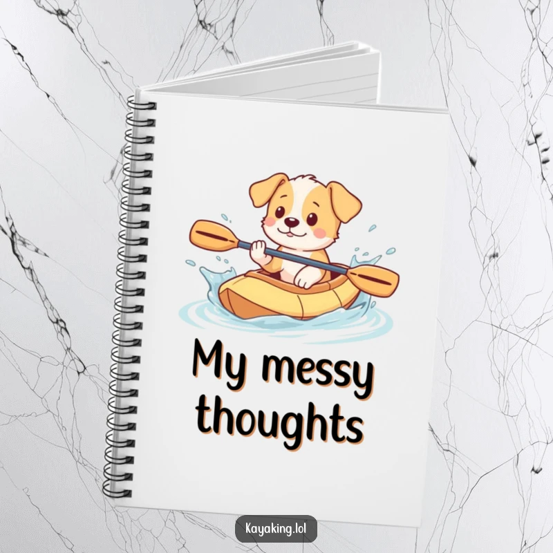 Funny Puppy Notebook: Playful puppy splashing water from a kayak, designed for capturing ideas with a splash of humor.