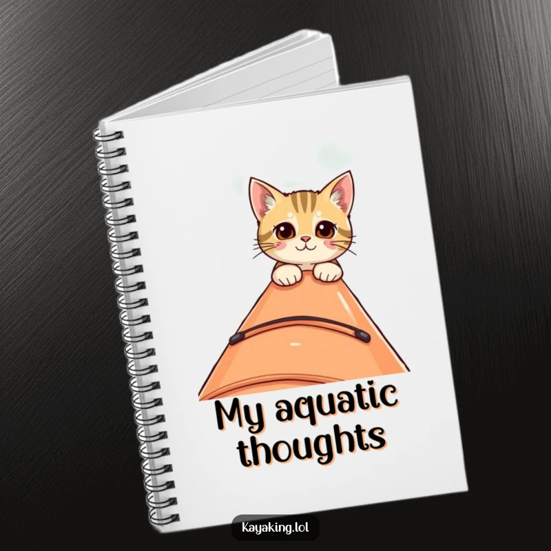 Funny notebook with a curious cat peeking over the edge of a kayak, ideal for jotting down adventurous ideas and witty observations.