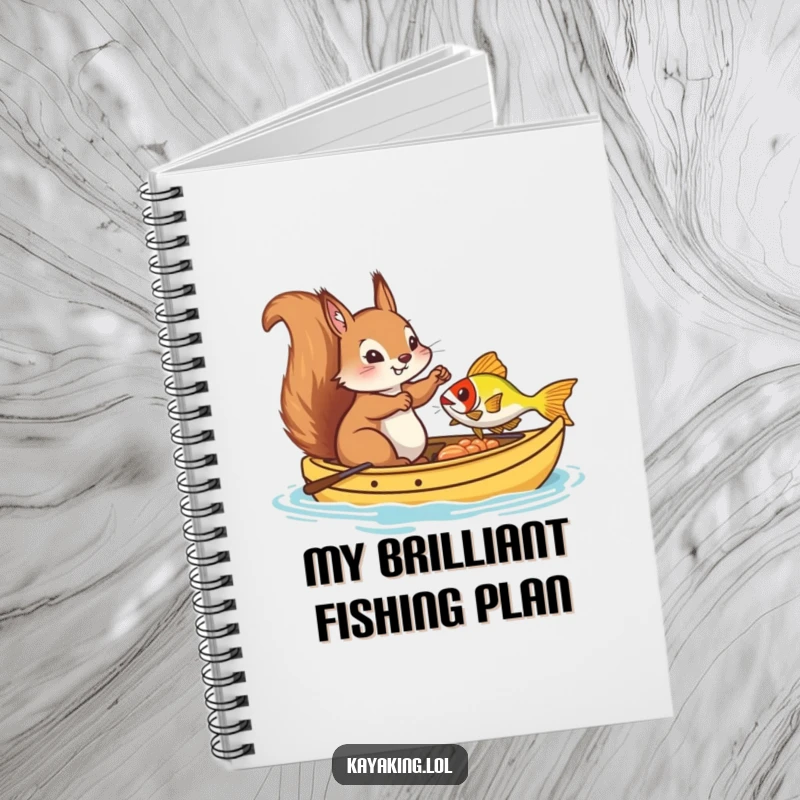 Funny Notebook, a squirrel in a kayak fishing, providing a humorous cover for notes and creative writing endeavors.