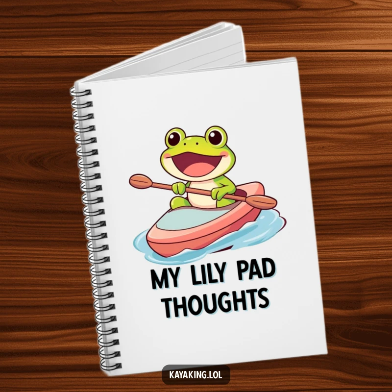 Funny notebook with a happy frog character paddling a kayak with a wide, excited grin, ideal for jotting down adventure notes.