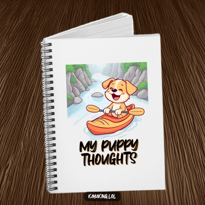 Funny notebook with a surprised puppy giggling while kayaking down a winding river, perfect for journaling and creative writing.