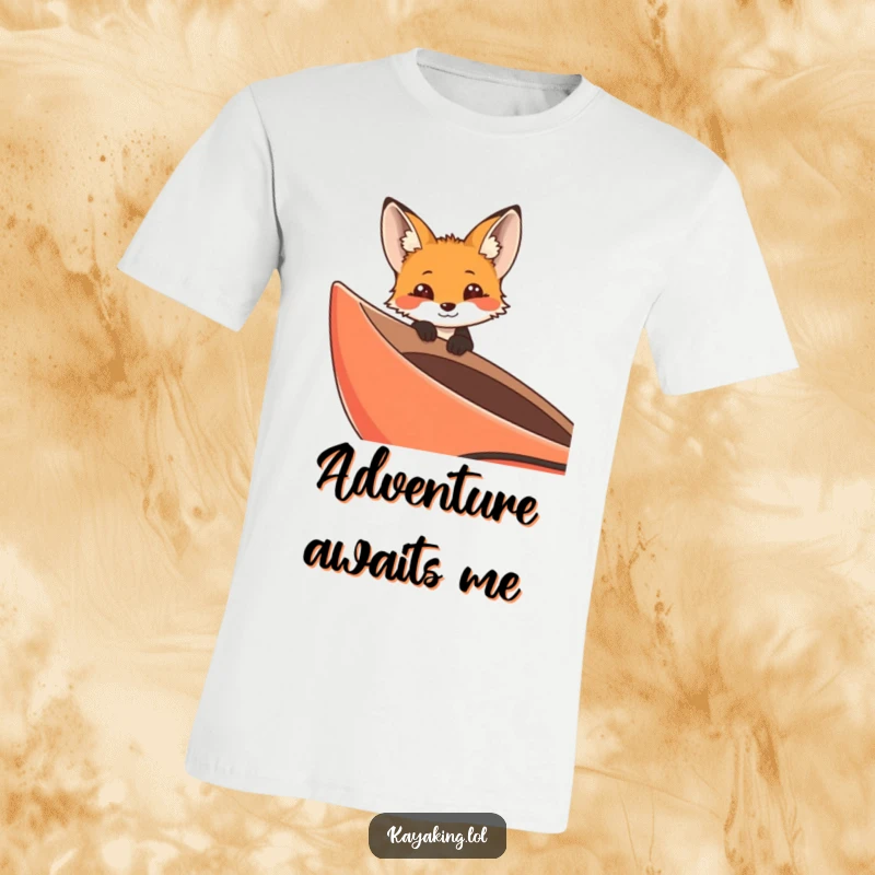 Funny curious fox peeking over the edge of a kayak in a t-shirt, an adventurous and inquisitive outdoor exploration tee.