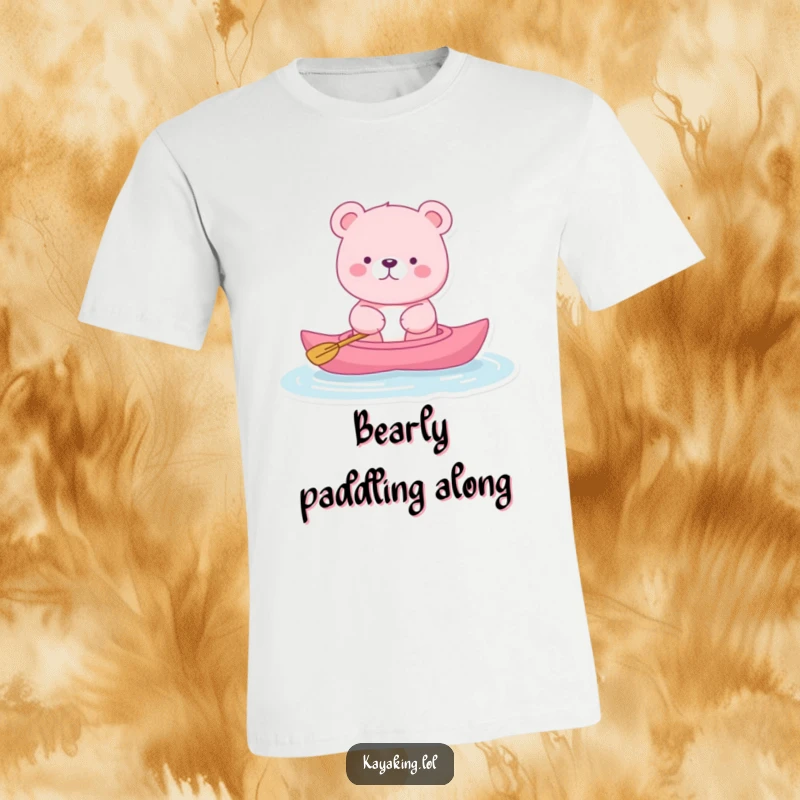 Funny pink bear t-shirt of a bear peacefully kayaking, representing ultimate relaxation and humorous serenity, a great shirt.