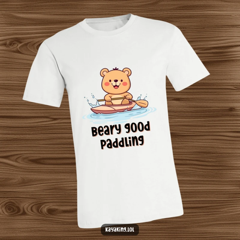 Funny happy bear splashing water with a kayak paddle, embodying outdoor fun and a joyous spirit, ideal for adventure seekers.