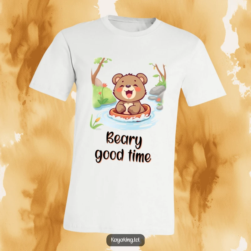 Funny T-shirt with a laughing bear cub joyfully gliding down a stream, captured in a moment of pure, unadulterated fun.