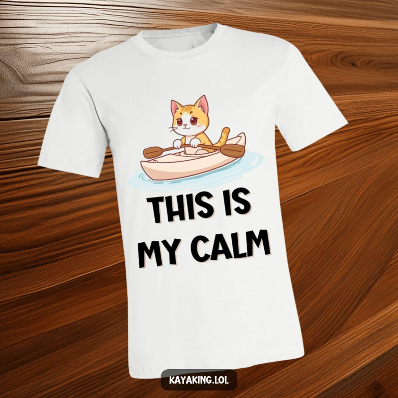 Funny Cat T-Shirt: Cute curious cat paddling a kayak on tranquil water, embodying peace and adventure.