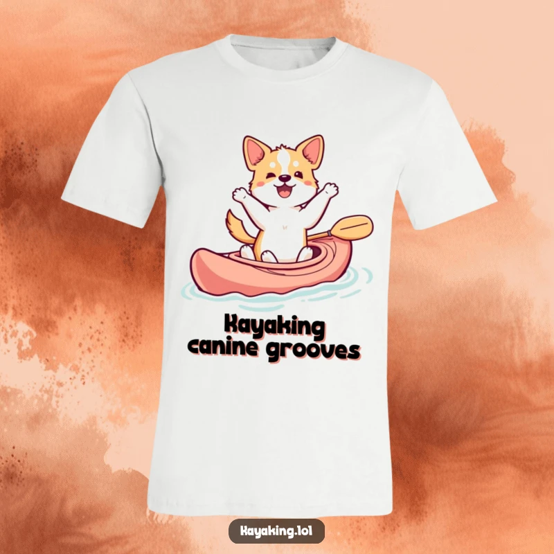 Funny dancing dog t-shirt featuring a happy dog bobbing in a kayak, tail wagging, a humorous apparel gift.