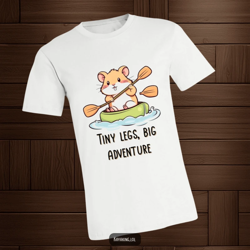 Funny T-Shirt, a tiny hamster paddling a kayak with all its might, representing persistence and humorous ambition.
