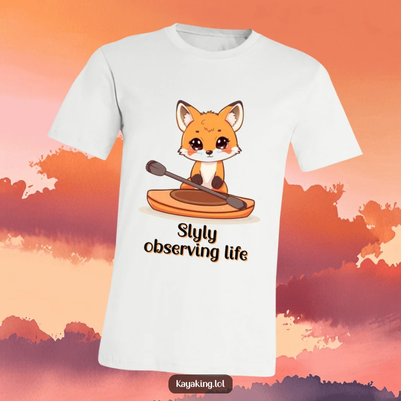 Funny t-shirt depicting a curious fox peeking over the edge of a small kayak, capturing a moment of playful exploration and wonder.