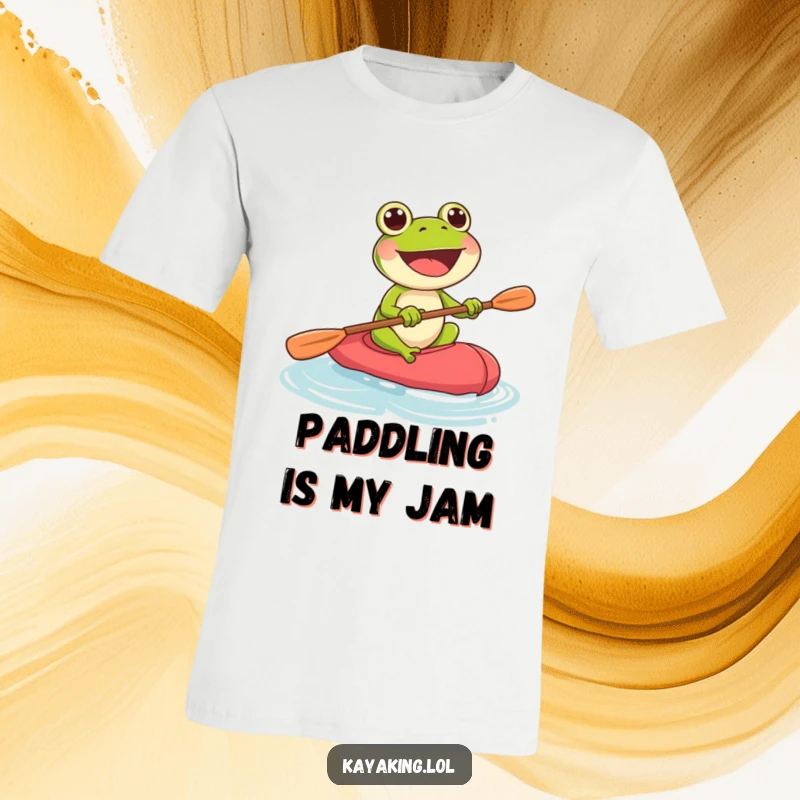 Funny, happy frog energetically paddling a kayak, embodying pure enthusiasm for the journey. A full-of-life graphic.