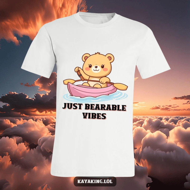 Funny T-Shirt, a happy bear in a kayak giving a cheerful wave, symbolizing outdoor fun and friendly greetings.