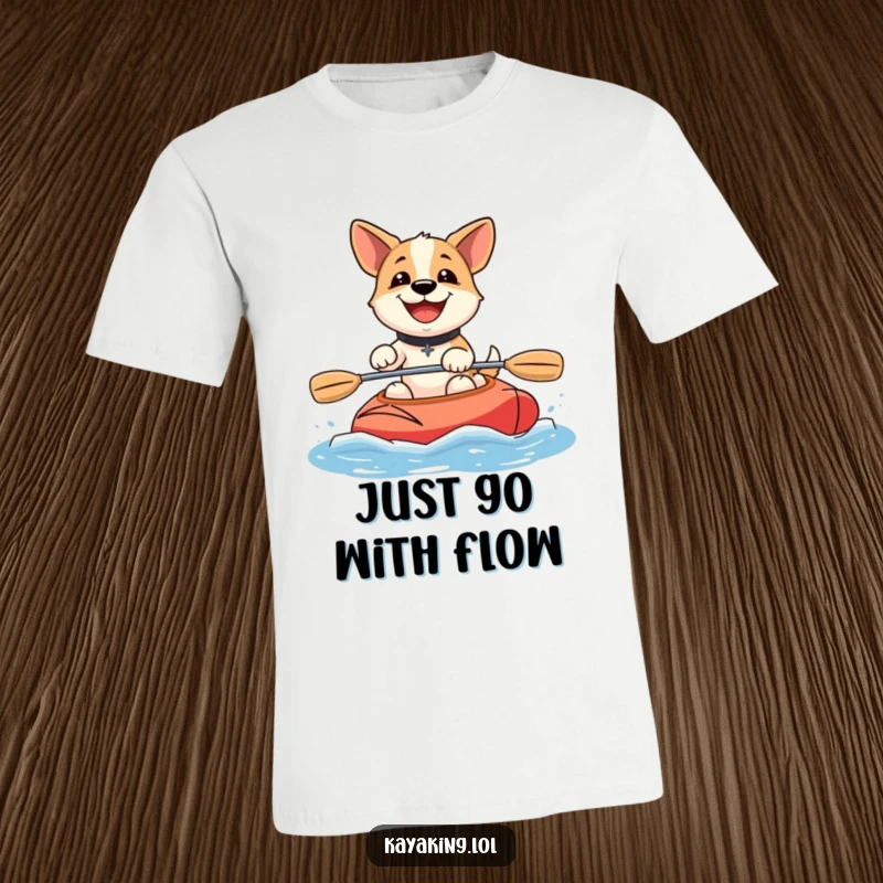 Funny happy dog kayaking t-shirt shows a cheerful dog enthusiastically paddling a kayak with a big, infectious smile.