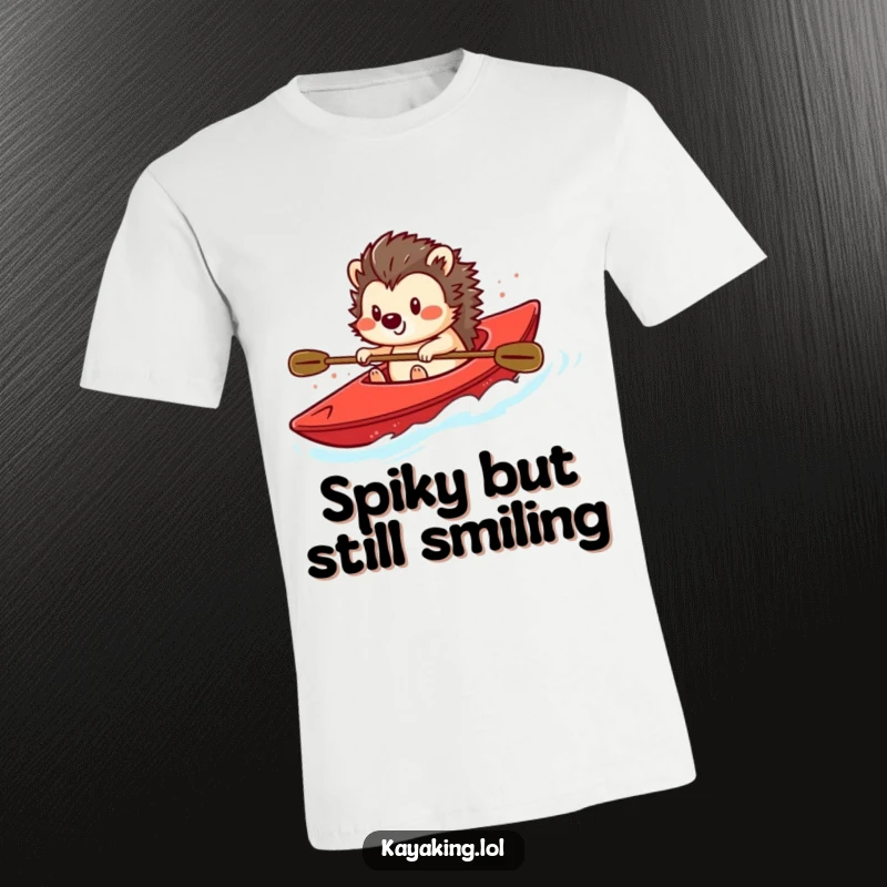 Funny t-shirt depicting a smiling hedgehog steering a bright red kayak with skill and joy, embodying a charming water adventure.