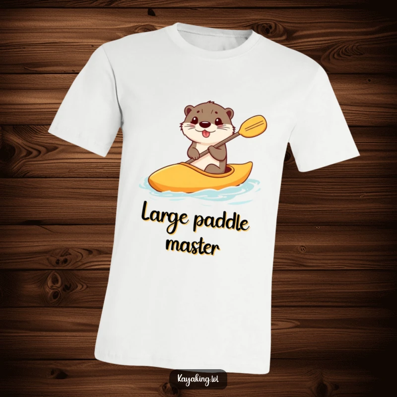 Funny t-shirt featuring a happy otter steering a kayak with a comically large paddle, exuding pure joy and amusement.