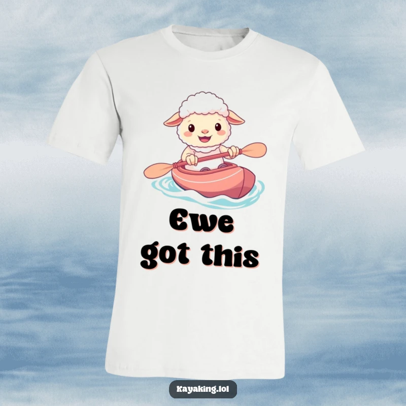 Funny T-shirt depicting a grinning sheep expertly navigating its kayak, showcasing a cheerful and adventurous personality.