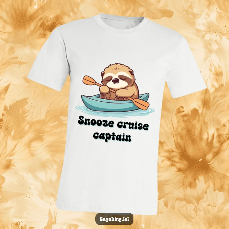 Funny sloth napping soundly in a kayak, paddle resting nearby, captured on a comfortable t-shirt.