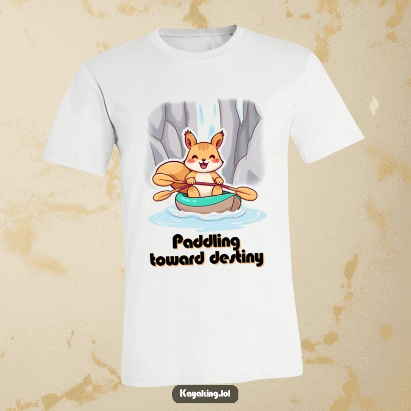 Funny squirrel in a kayak heading towards a powerful waterfall, captured on a t-shirt for outdoor enthusiasts.