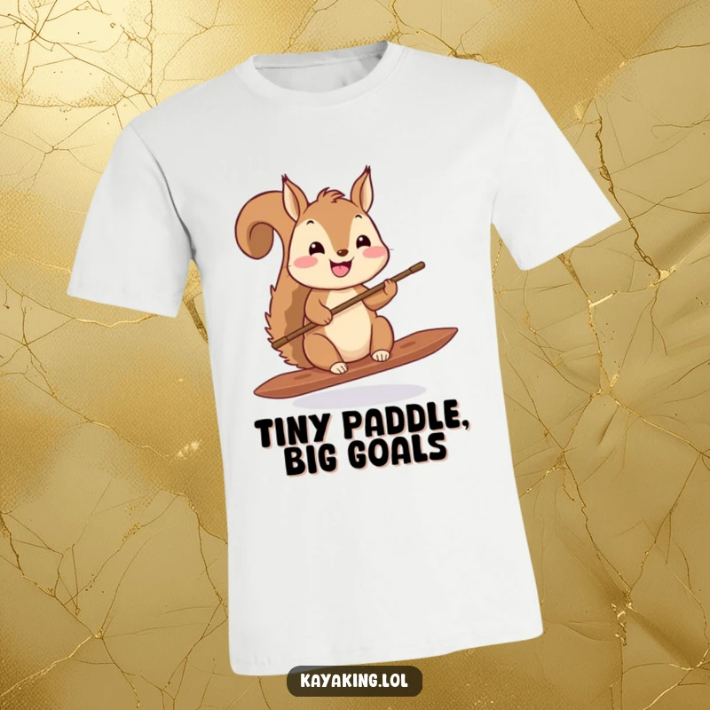 Funny squirrel paddling t-shirt, a happy squirrel holding a tiny paddle, ready for water fun, cute and humorous apparel.