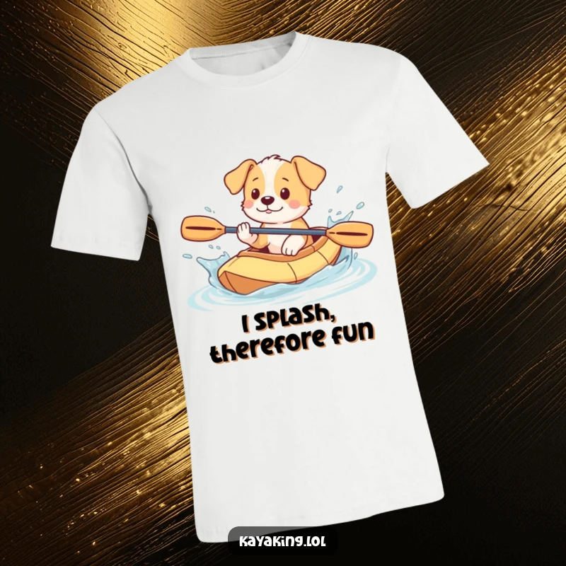 Funny Puppy T-Shirt: Playful puppy splashing water while in a kayak, showcasing pure canine excitement.