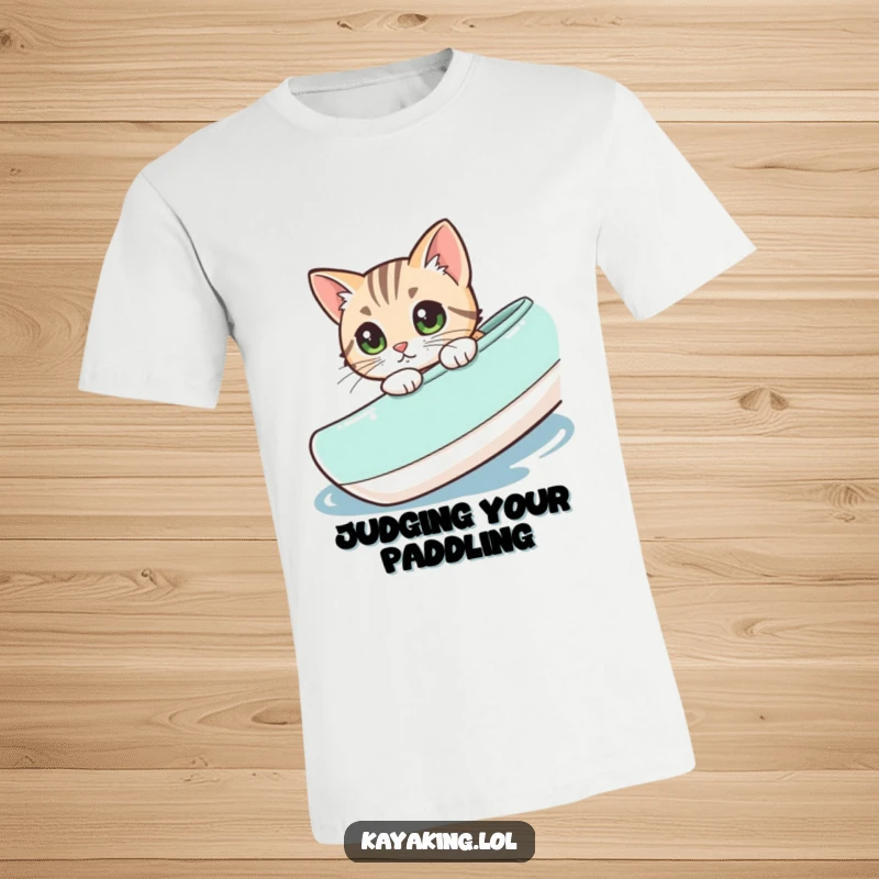 Funny cat with an inquisitive gaze peeking over the side of a kayak, embodying a spirit of adventure.