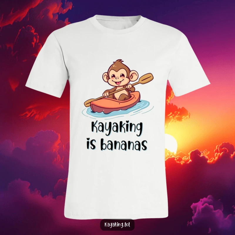 Funny Monkey T-Shirt: A playful monkey with a mischievous grin steering a kayak, perfect for adventure enthusiasts.