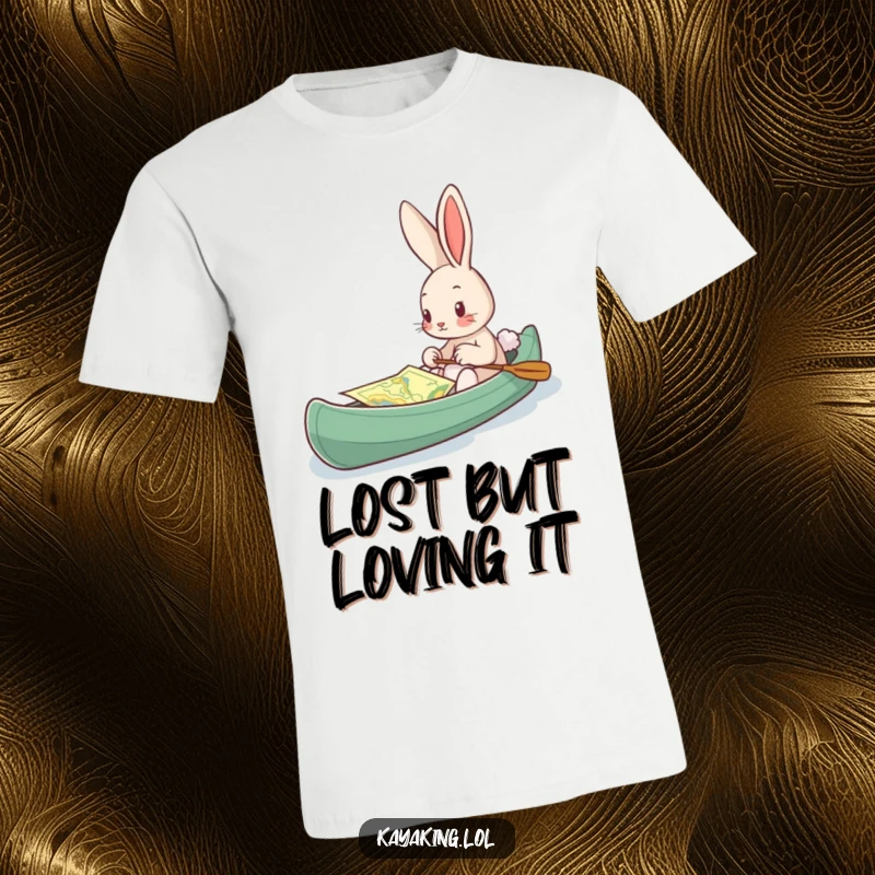 Funny T-Shirt, a curious bunny in a kayak looking at a map, symbolizing adventure and playful planning.