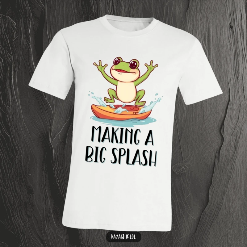 Funny T-Shirt, a frog mid-jump, about to splash into a kayak, showcasing amphibian antics and water fun.
