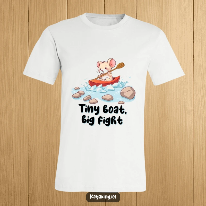 Funny brave mouse navigating rapids in a small kayak in a t-shirt, an adventurous and courageous explorer design.