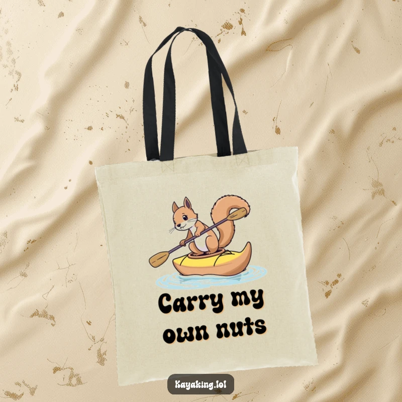 Funny squirrel tote bag showcasing a squirrel performing a balancing act in a small kayak, perfect for carrying your fun.
