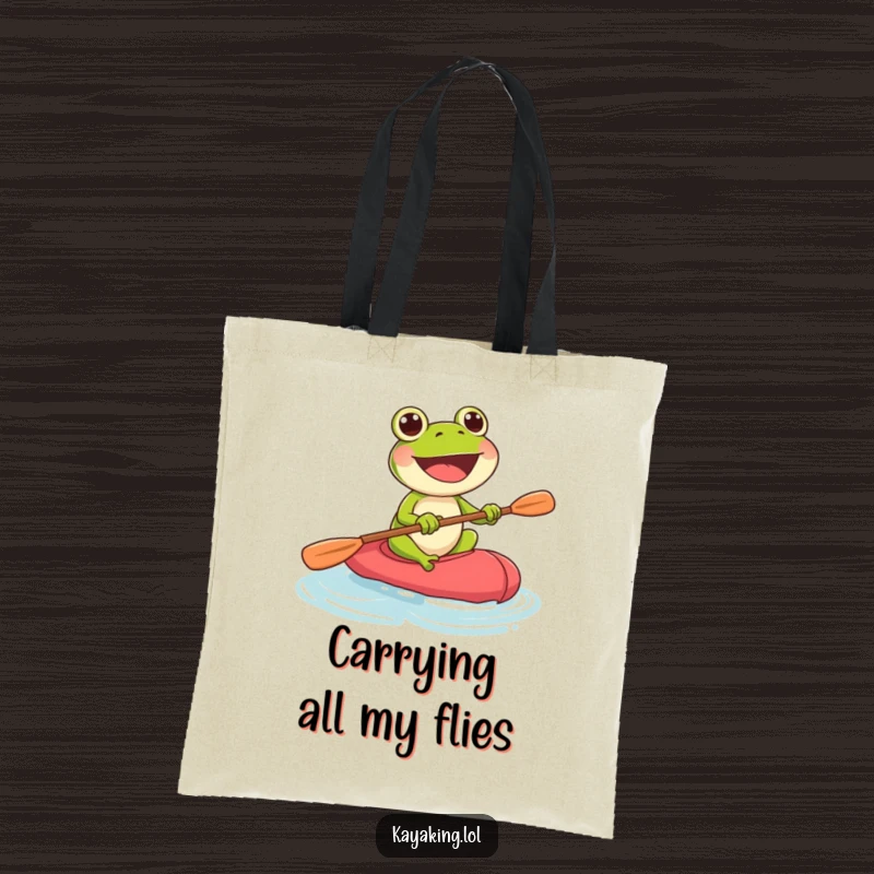 Funny joyful frog enthusiastically paddling a kayak, depicted on a durable tote bag for all your needs.