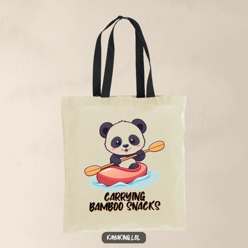 Funny panda kayaking tote bag features a confident panda paddling a kayak with determination, a functional and humorous accessory.
