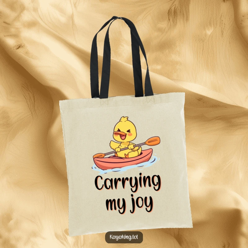Funny tote bag showing a delighted duck paddling a kayak with immense joy and a carefree attitude.