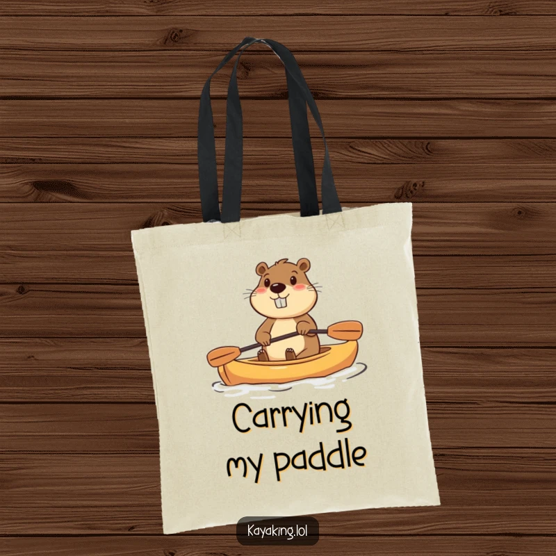 Funny tote bag featuring a determined beaver paddling a small kayak with enthusiasm, a practical and humorous accessory.