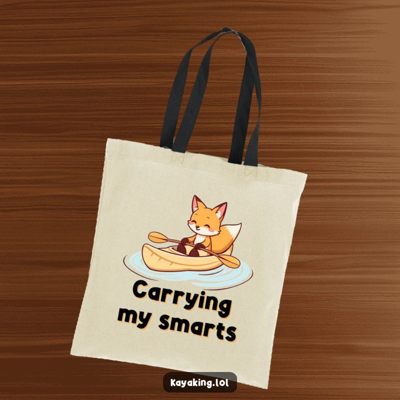 Funny fox kayaking tote bag shows a smiling fox navigating a kayak through gentle waves, a stylish and humorous accessory.